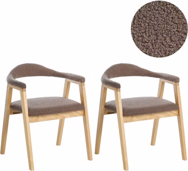 Set di 2 sedie da pranzo marrone chiaro con seduta imbottita schienale in bouclé tortora poliestere struttura in legno di gomma stile retrò per sala da pranzo