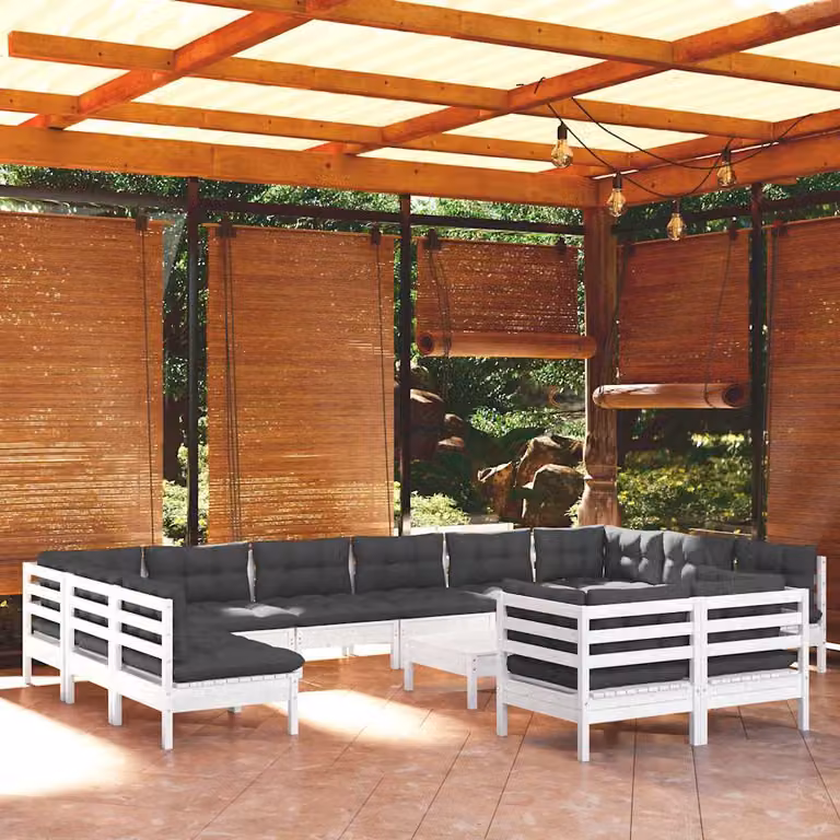 Set di divani da giardino vidaXL a forma di U composto da 13 pezzi con cuscini bianchi e antracite in legno di pino trattato