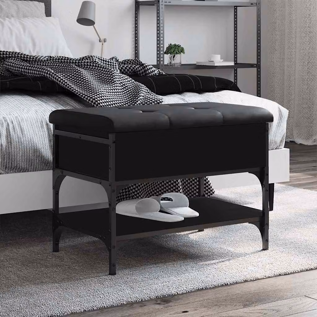 vidaXL Panca Porta Scarpe Moderna Nera in Legno e Metallo con Seduta in Pelle Sintetica L: 62 cm, P: 42 cm, H: 45 cm