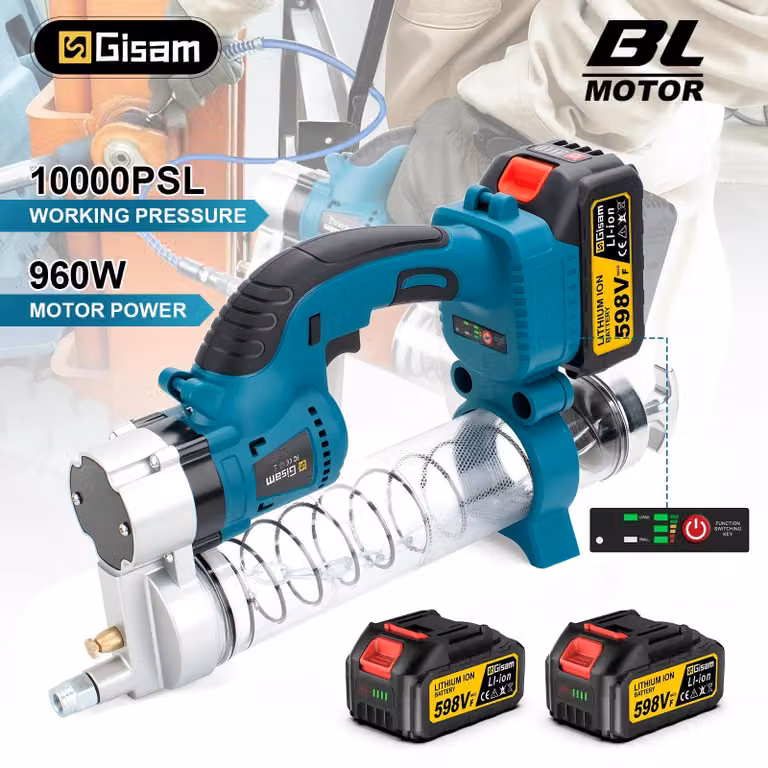 Pompa per grasso elettrica - Modello a batteria - Alta pressione 69 MPa (10.000 PSI) - Motore brushless - Sistema a 18 V - 2 batterie - Rosso