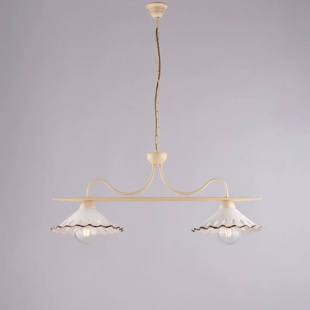 Lampadario a sospensione Osteria BELIGHT con 2 luci in ferro avorio decapè e coppe in ceramica decorata bianca e marrone – 2