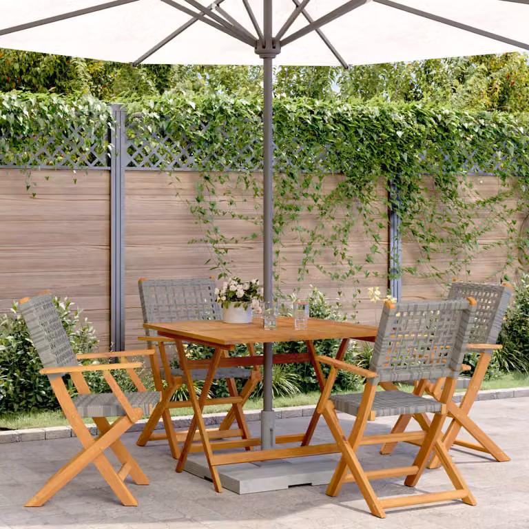 Set da pranzo da giardino vidaXL in 5 pezzi in polyrattan grigio e legno di acacia oliato marrone