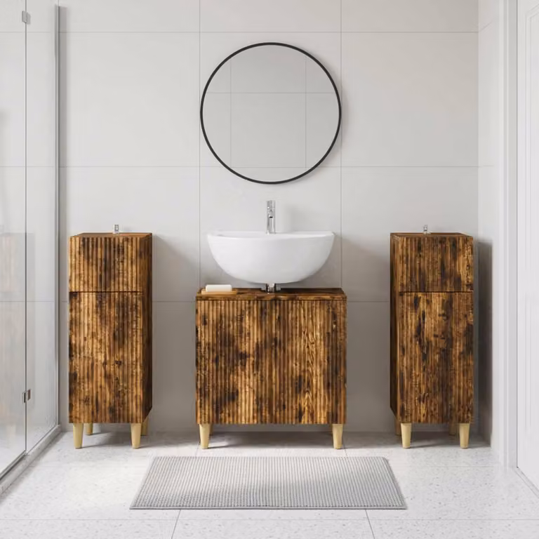 Set di mobili da bagno vidaXL ARNHEM in 3 pezzi, Rovere Fumo, design minimalista con ante a cerniera e ripiani interni