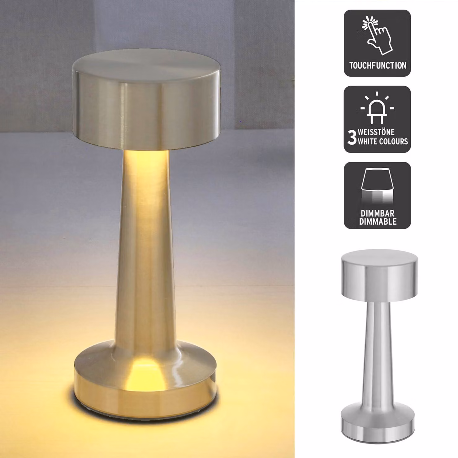 Lampada da tavolo a batteria in metallo argento con funzione touch, 3 tonalità di bianco, ricaricabile tramite USB, luminosità regolabile, lampada da scrivania dimmerabile