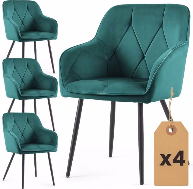Set di 4 Sedie in velluto trapuntato DIAMANTE Verde Bottiglia gambe nere