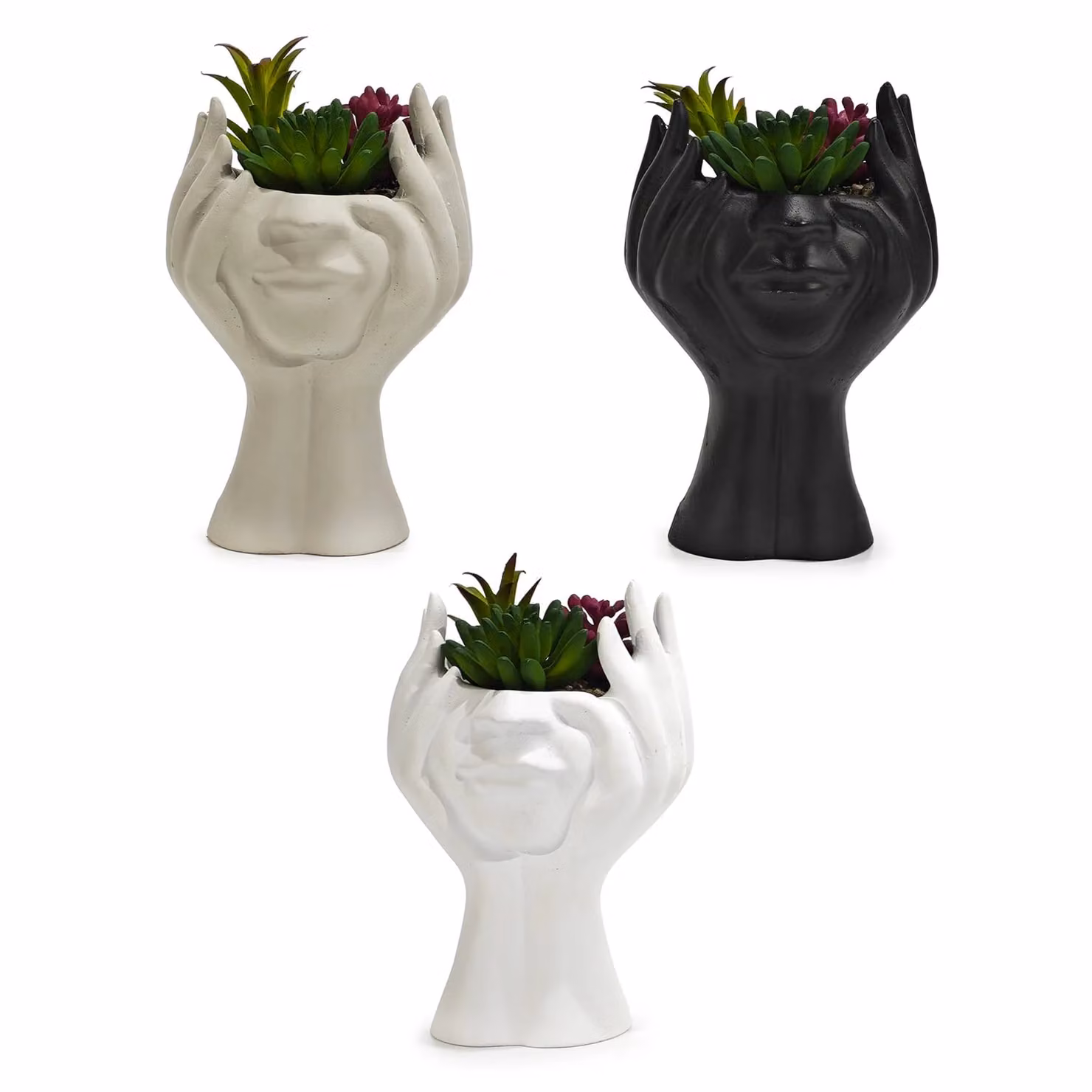 VESTIAMO CASA Vaso con Pianta Artificiale Verde e Mani Decorative in Cemento Bianco, Altezza: 20 cm – 1