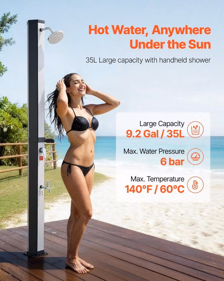 Doccia riscaldata a energia solare da 35 litri, doccia esterna con soffione alto 195 cm, rubinetto a pedale e portasapone, regolazione acqua calda e fredda, indipendente per piscina in giardino, spiaggia o piscina, nero argento