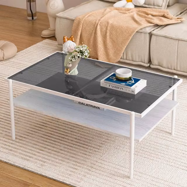 Tavolino da salotto rettangolare in vetro temperato, gambe in metallo, grigio e bianco, H45xL97.5xP61.5 cm