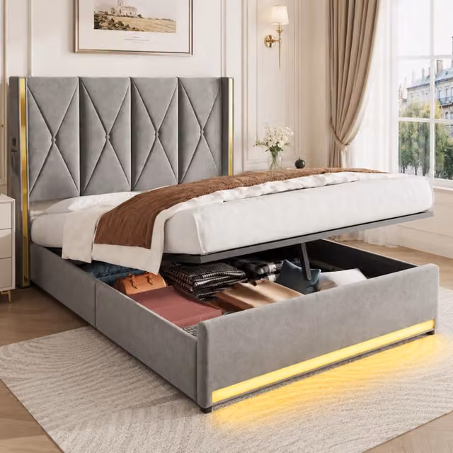 Letto Contenitore Imbottito con LED, USB e Sollevamento Idraulico ¨C MINIMAL ¨C Velluto, 160x200