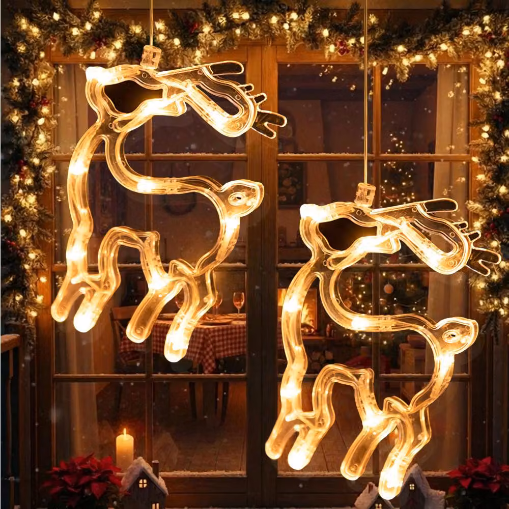 LED Stelle di Natale Finestra Luci 2 Pezzi Bianco Caldo LED Renna Luci Finestra Appeso Luci Batteria Operato Decorazione di Natale Porta Casa Festa Decorazione