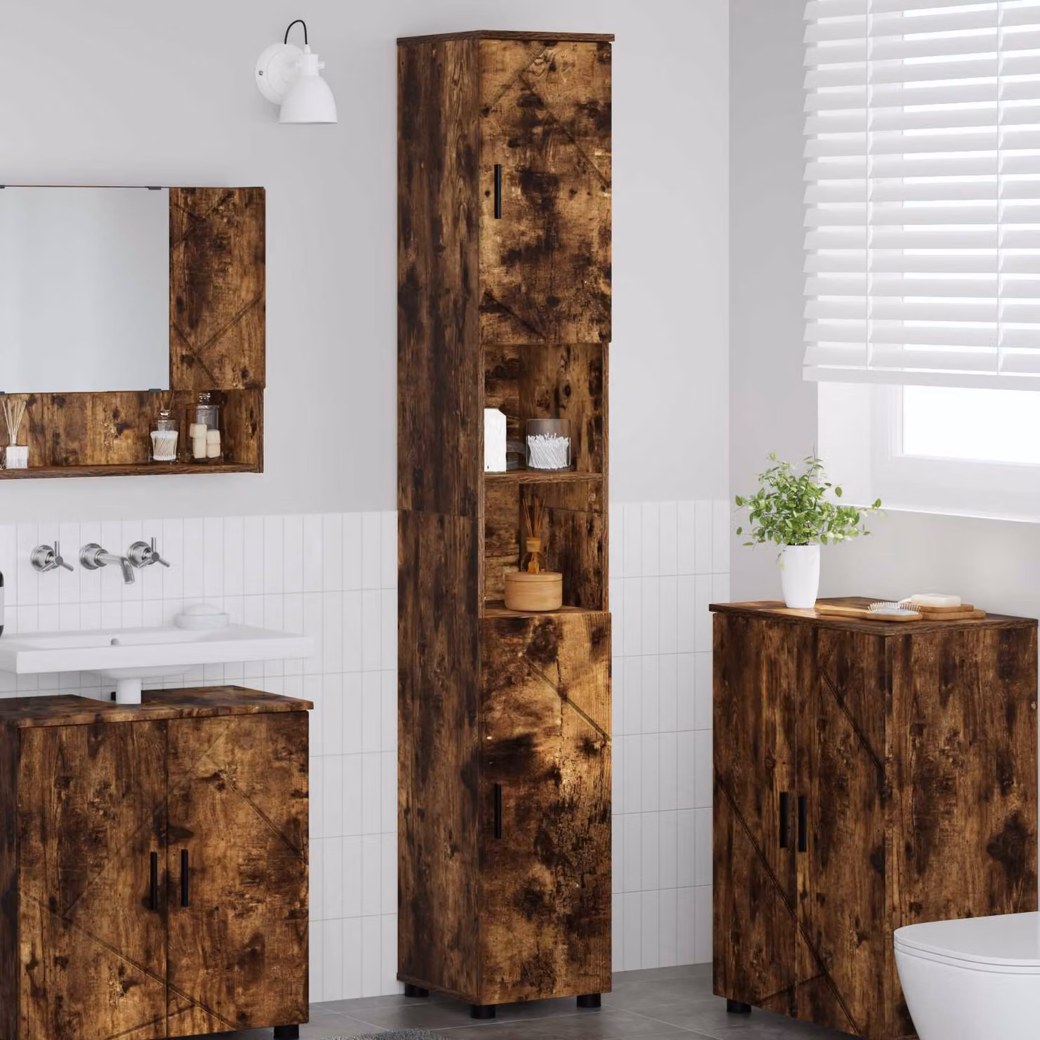 Mobile da bagno moderno vidaXL in rovere fumé con ante a battente e ripiani interni, L/P/H: 30 x 35 x 192 cm