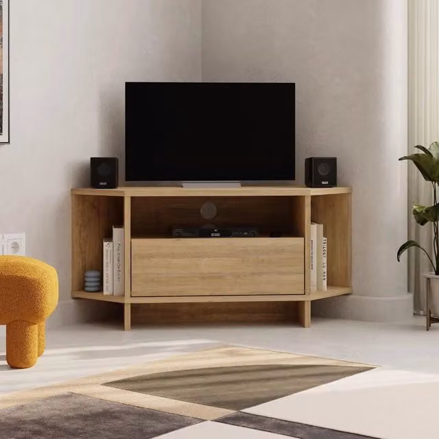 Porta TV angolare Viva Effezeta Italia con nicchie a giorno in colore rovere e finitura opaca