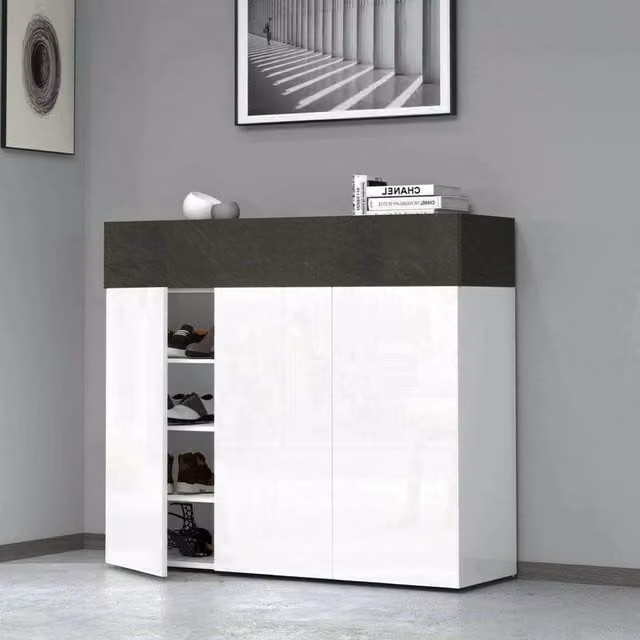 Scarpiera Griselda DMORA, Armadio multifunzione da ingresso a 4 ante, Bianco e Grigio, L: 114 cm, P: 38 cm, H: 100 cm