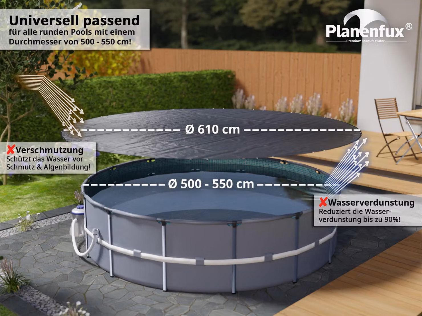 Telo copri piscina circolare, diametro 610 cm - 200 g/m² in polietilene - Impermeabile - Adatto per l'uso estivo e invernale