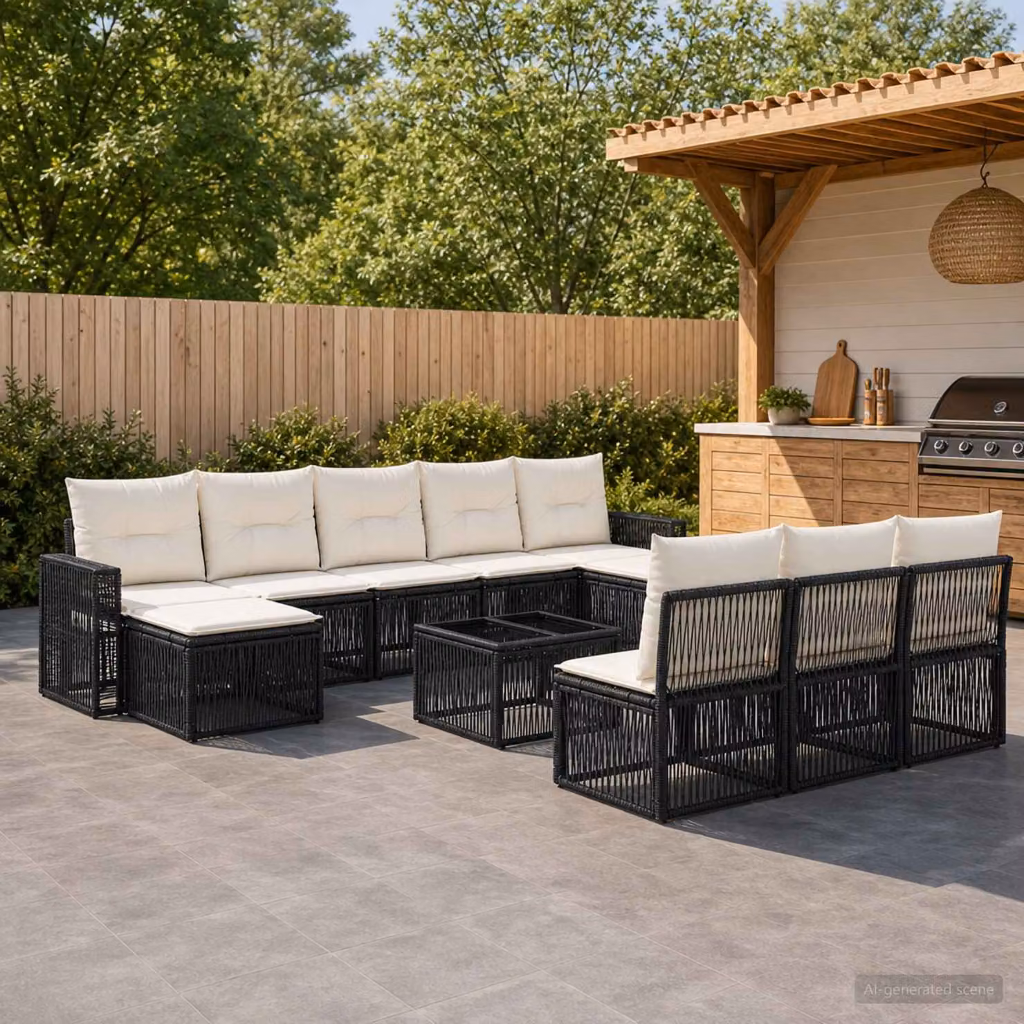Set Divano da Giardino vidaXL 11 Pezzi a Forma di U in Polyrattan Nero e Bianco Crema con Cuscini e Tavolino da Caffè