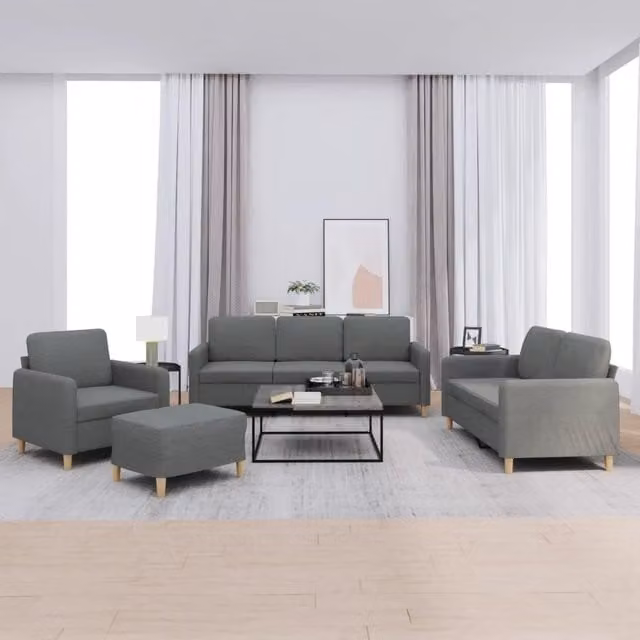 Set di divani moderno vidaXL in tessuto grigio composto da divano a 3 posti, divano a 2 posti e pouf con cuscini inclusi – 1