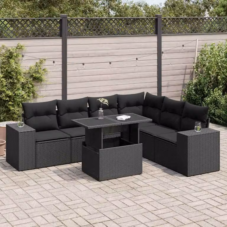 Set Divano da Giardino a L vidaXL in Polyrattan Nero con 7 Cuscini e Tavolino da Esterno