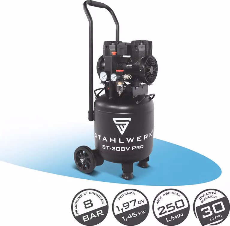 Compressore STAHLWERK con serbatoio da 30 L (ST-308V Pro) - senza olio e silenzioso, 8 bar, compressore d'aria silenzioso con motori brushless, 1,97 hp, 1,45 kW 250 l/min