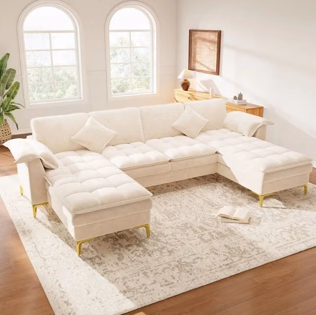 Divano angolare a U 4-5 posti in chenille beige con 2 chaise longue; 262x134x86 cm