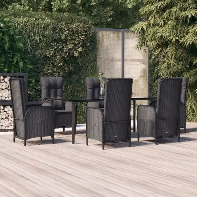 Set da pranzo da giardino moderno vidaXL in polyrattan nero con cuscini e tavolo in vetro 7 pz
