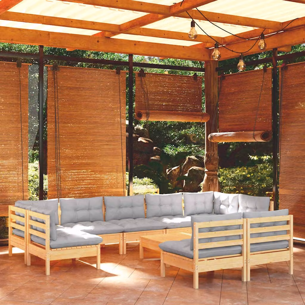 vidaXL Set di Divani da Giardino a L in Legno Massello di Pino con 10 Pezzi e Cuscini Grigi