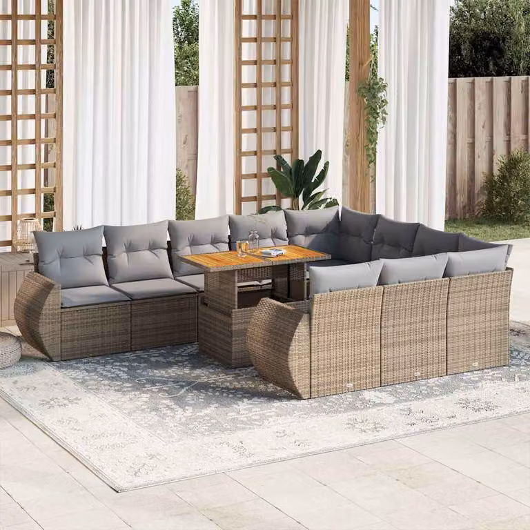 Set Divani da Giardino vidaXL 11 Pezzi con Tavolino e Cuscini Beige in Polyrattan e Legno di Acacia