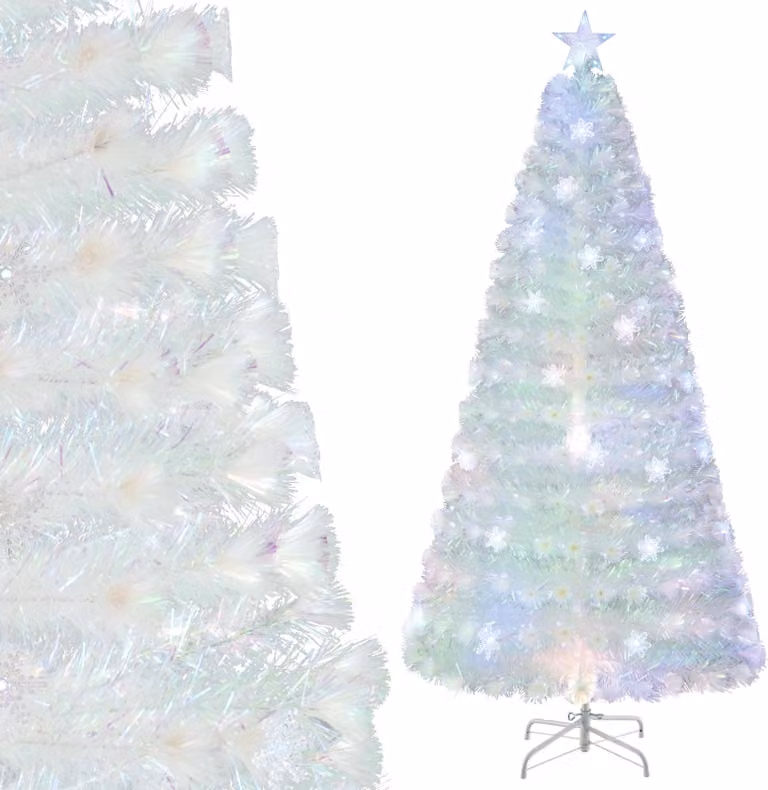 COSTWAY Albero di Natale artificiale da 210 cm con luci, albero di Natale con luci LED colorate, in fibra di vetro e con stella, albero di Natale bianco