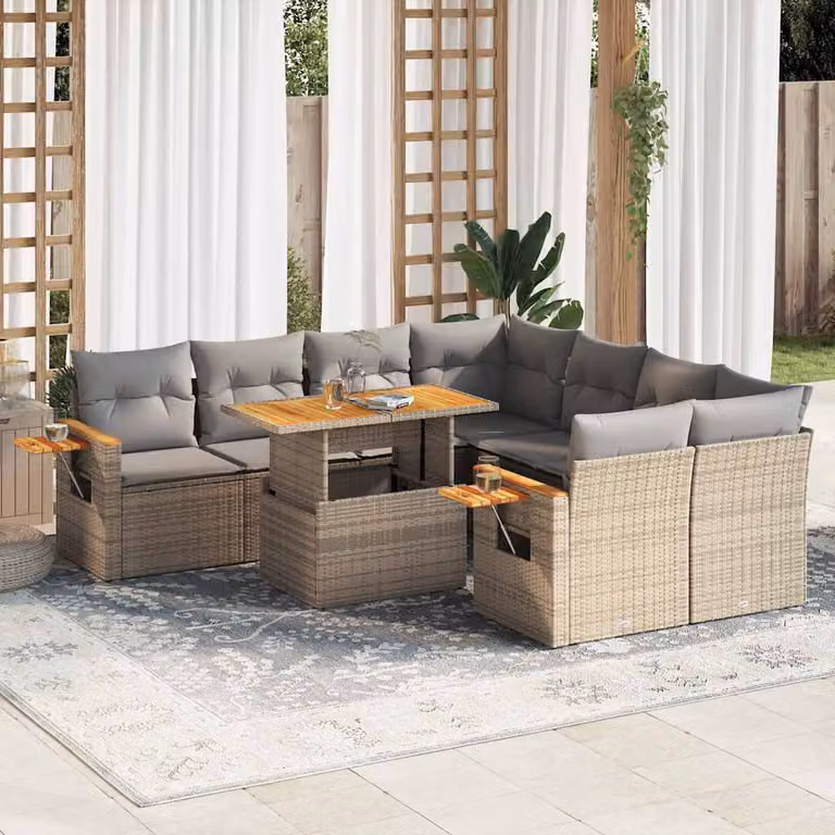 Set Divano da Giardino vidaXL 9 pz in Polyrattan e Legno di Acacia con Cuscini Beige e Tavolino, Design Moderno a L per Terrazza e Balcone