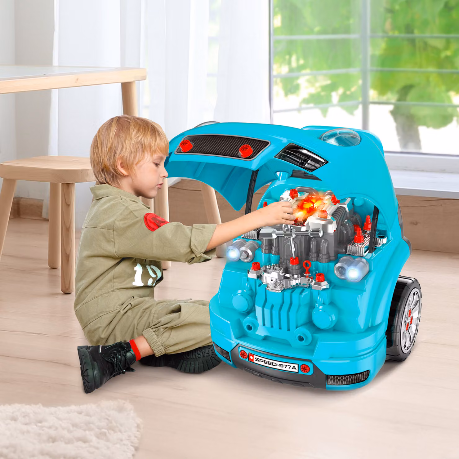 HOMCOM Officina Camion Giocattolo per Bambini con 61 Pezzi e Maniglia, Nero e Azzurro, L 40 cm x P 39 cm x H 47 cm – 2