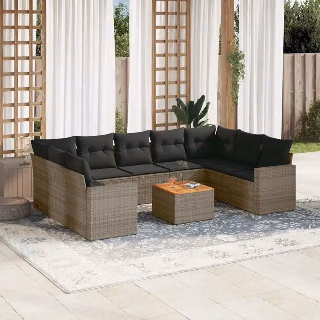 Set Divano da Giardino a L vidaXL in Polyrattan Grigio con 10 Pezzi e Cuscini
