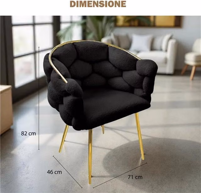 POLTRONA IMBOTTITA IN TESSUTO TEDDY CON STRUTTURA IN METALLO ORO DIMENSIONI 71X46X82H CM COLORE NERO