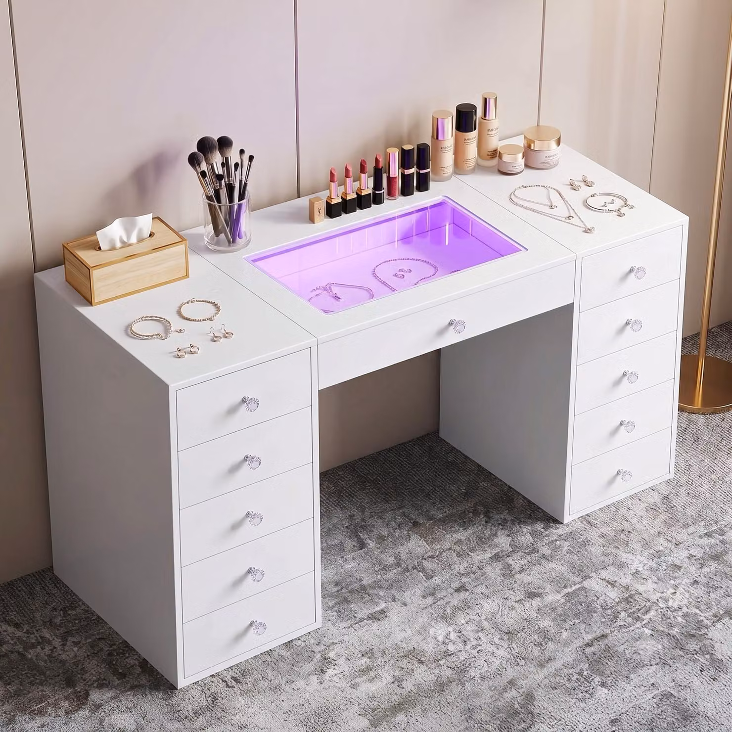 Comò da trucco VANITII con illuminazione a LED, 11 cassetti, bianco, 130 x 55 x 81 cm