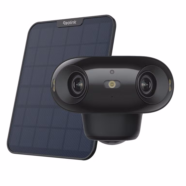 Reolink Argus 4 Pro+Pannello solare, telecamera di sicurezza 4K 8MP 2.4/5GHz WiFi a batteria, doppio obiettivo 180°, visione notturna ColourX, rilevamento intelligente, nero