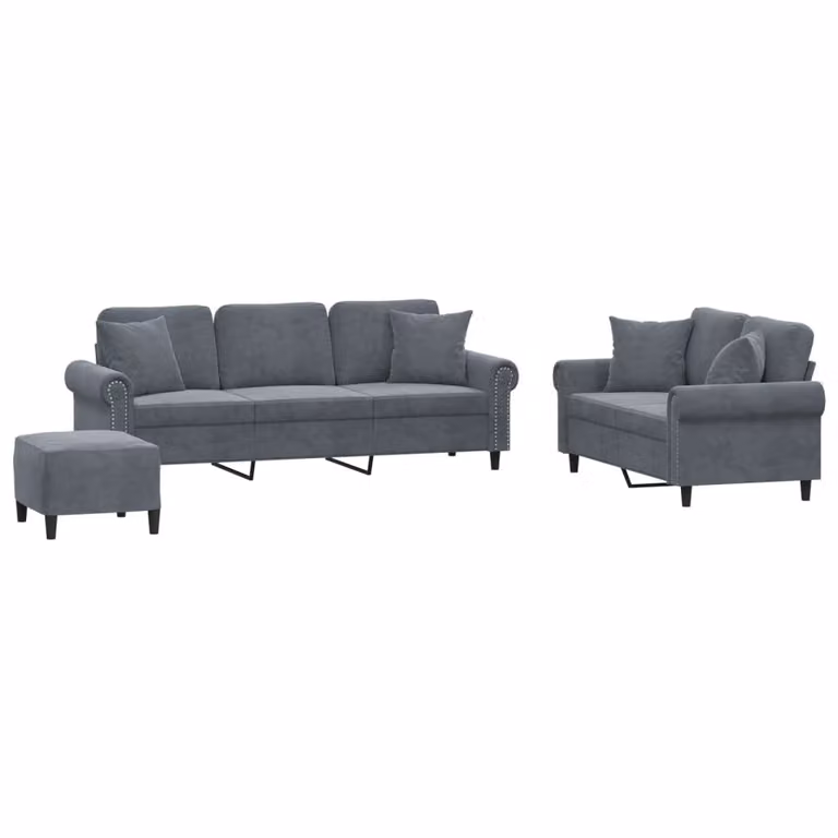 Set di Divani 3 pz con Cuscini Grigio Scuro in Velluto