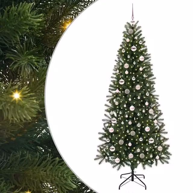 Albero di Natale artificiale moderno verde in PE e PVC con 300 LED luce bianca calda, Altezza: 210 cm – 1