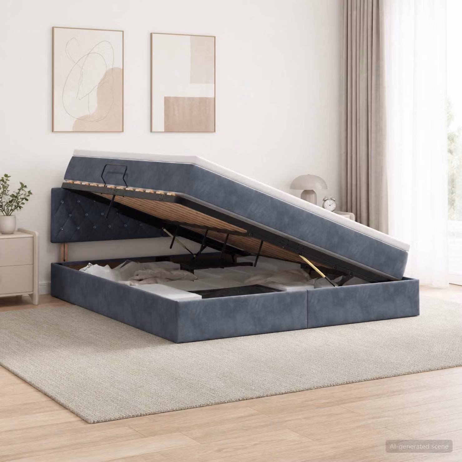 Letto con contenitore vidaXL in velluto grigio e bianco con base lift-up, L/P/H: 140 x 200 x 144 cm
