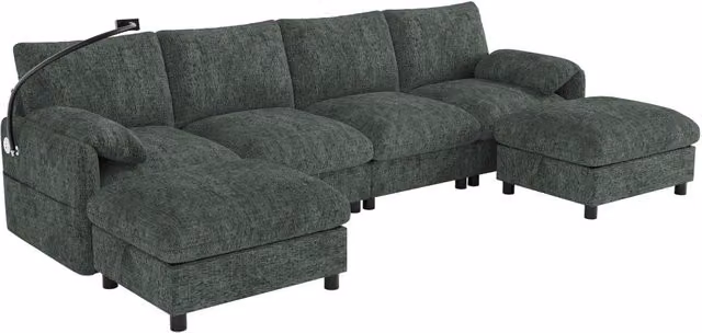 Divano modulare in chenille con 2 pouf contenitore; USB e Type-C; supporto telefono; 273;5x133x81 cm verde