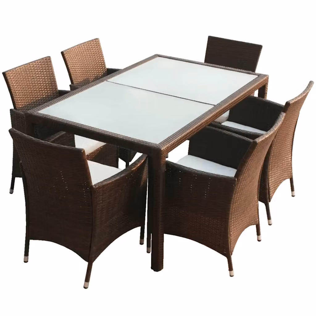 vidaXL Set da Pranzo da Giardino 7 pz in Polyrattan Marrone e Bianco con Piano in Vetro – 2