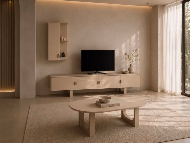 Elegante set per soggiorno, composto da una parete attrezzata per la TV e un tavolino da caffè di design