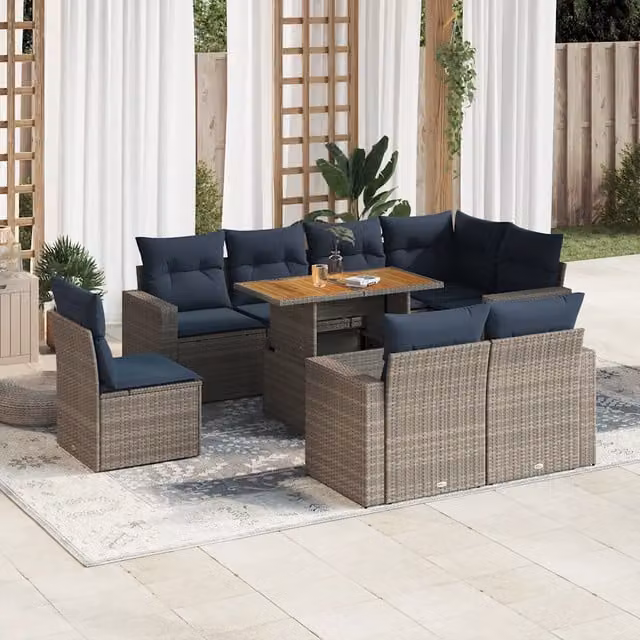 Set Divano da Giardino 9 pz con Cuscini Grigio in Polyrattan 3327057