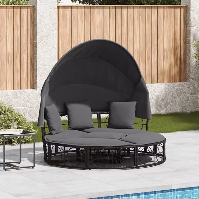 Lettino Prendisole Esterno Tetto e Cuscini Nero in Polyrattan 4108234
