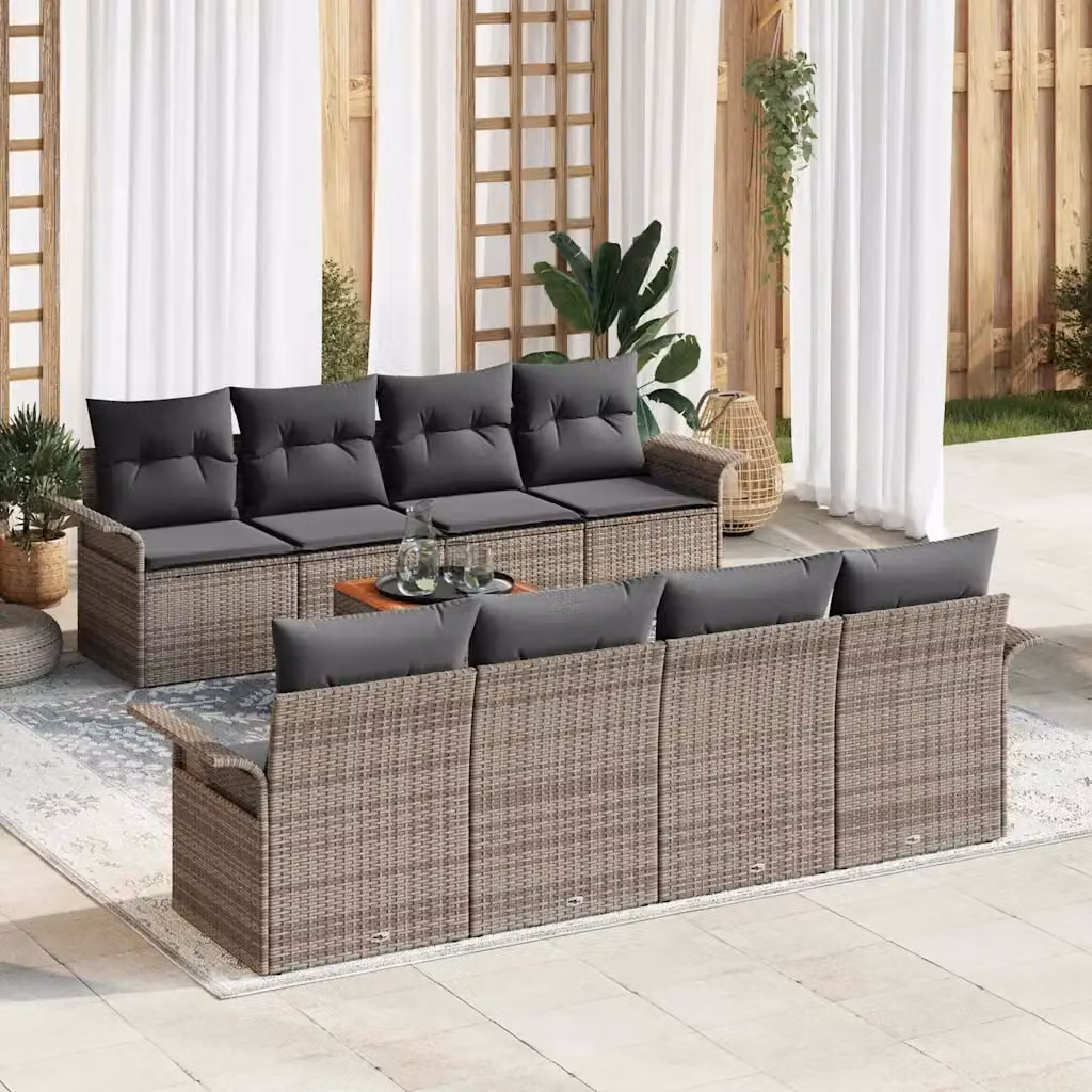 Set Divano da Giardino vidaXL 9 Pezzi Grigio con Cuscini e Tavolino in Polyrattan e Acciaio – 1