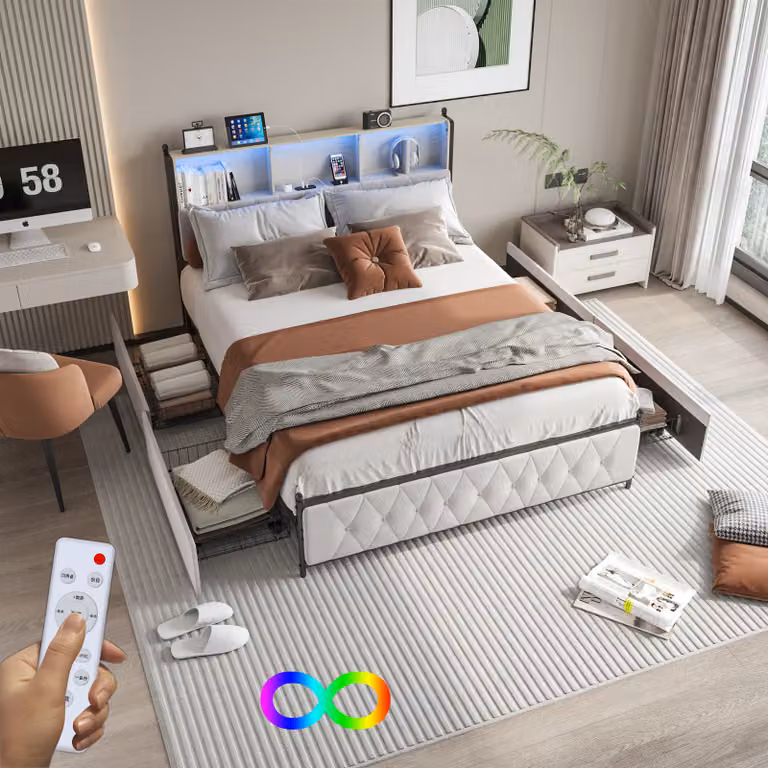 CDGlobal letto imbottito 140x200cm con USB, letto per ragazzi letto matrimoniale con 4 cassetti, letto contenitore letto in legno massiccio con LED/tipo C e rete a doghe, lino, beige