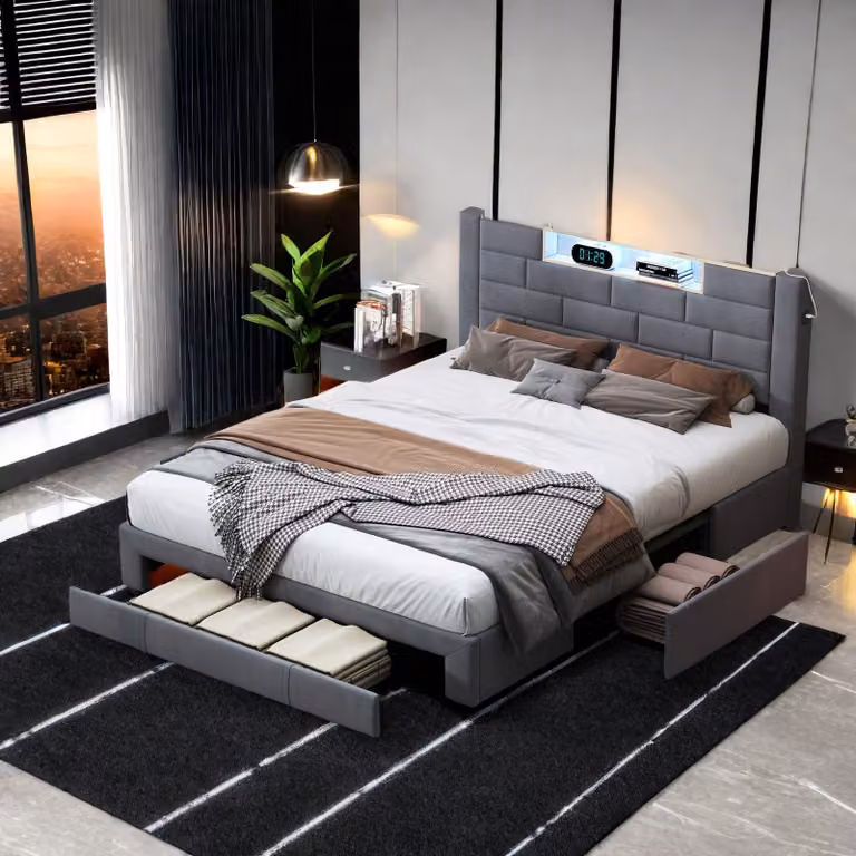 UnboxG Letto imbottito Letto 160 x 200 cm, letto matrimoniale con connessione USB, struttura letto con illuminazione LED, letto contenitore con 3 cassetti, velluto, grigio