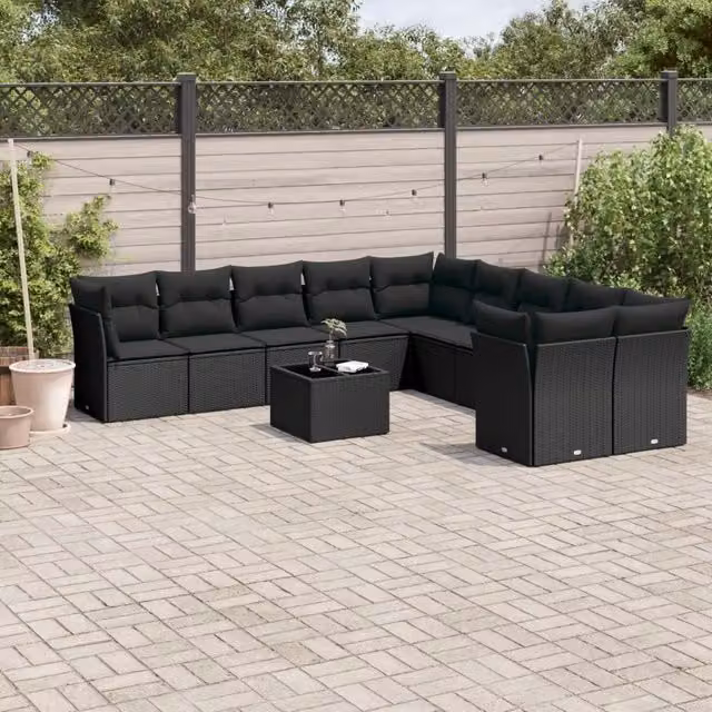 Set di divani da giardino VIDAXL in polyrattan nero con cuscini, 11 pezzi