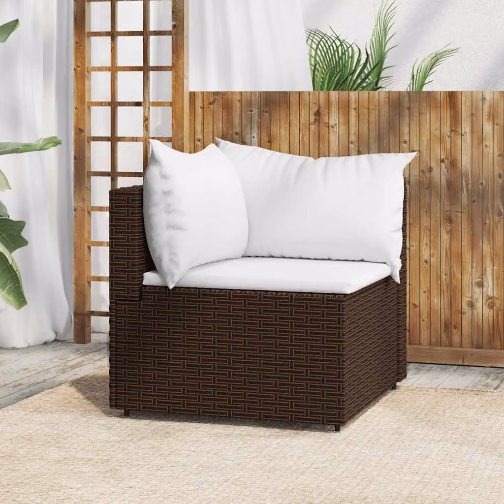 vidaXL Divano Angolare da Giardino Moderno in Polyrattan Marrone con Cuscini Bianchi