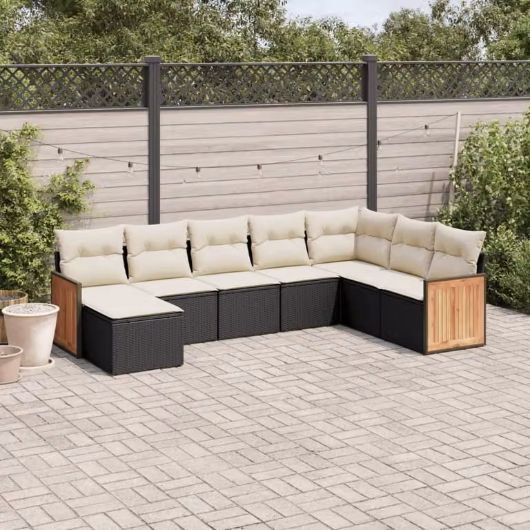 Set di divani da giardino vidaXL a forma di L in polyrattan nero con 8 pezzi e cuscini inclusi