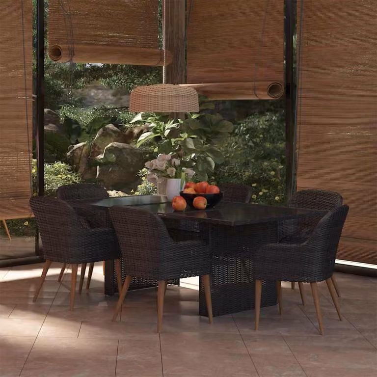 Set da pranzo da giardino vidaXL in 7 pezzi in polyrattan nero con piano in vetro e legno di acacia