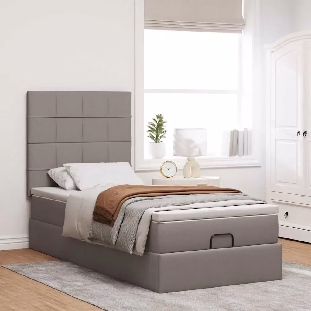 Letto con Pouf e Materasso vidaXL in Tessuto con Base a Sollevamento e Porte USB, Colori Beige, Bianco e Grigio, L 100 x P 200 cm – 2
