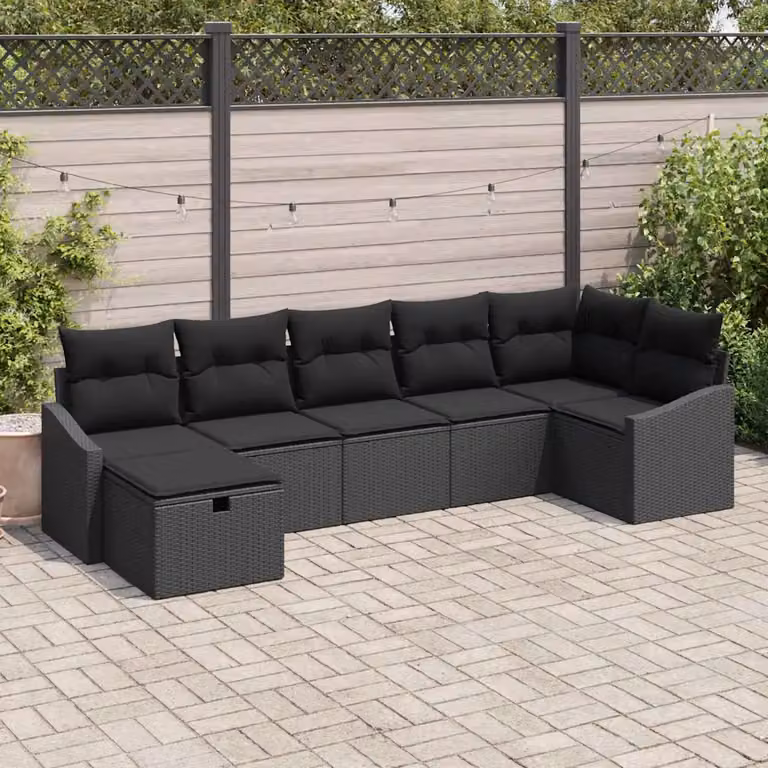 Set di divani da giardino vidaXL in rattan nero con 7 pezzi e cuscini inclusi